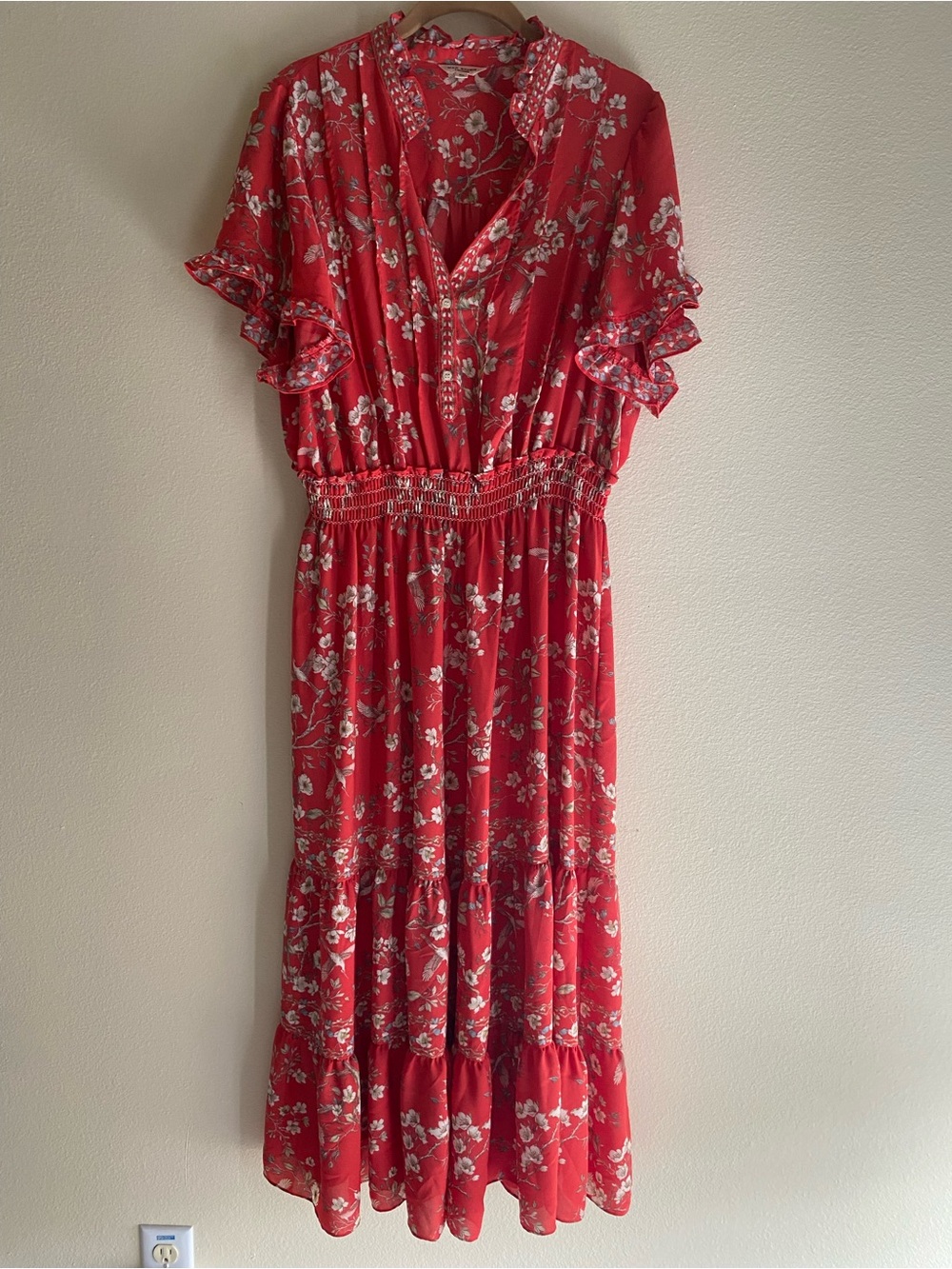 Max Studio Women's Red Floral Smocked Waist Tiered Maxi Dress